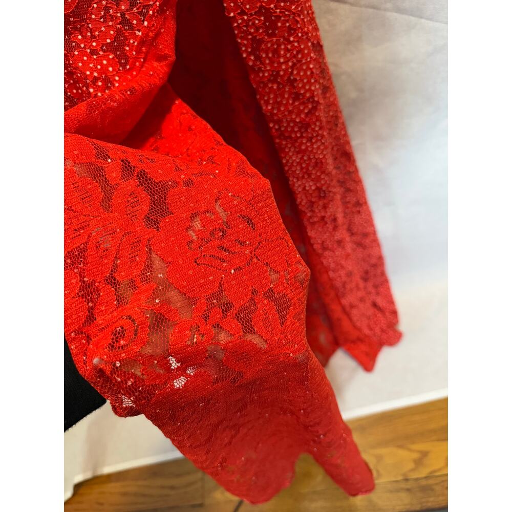 For Love and Lemons Leila Long Midi Dress Red Lace Side Slit Sheer Ruffles M - Picture 5 of 8